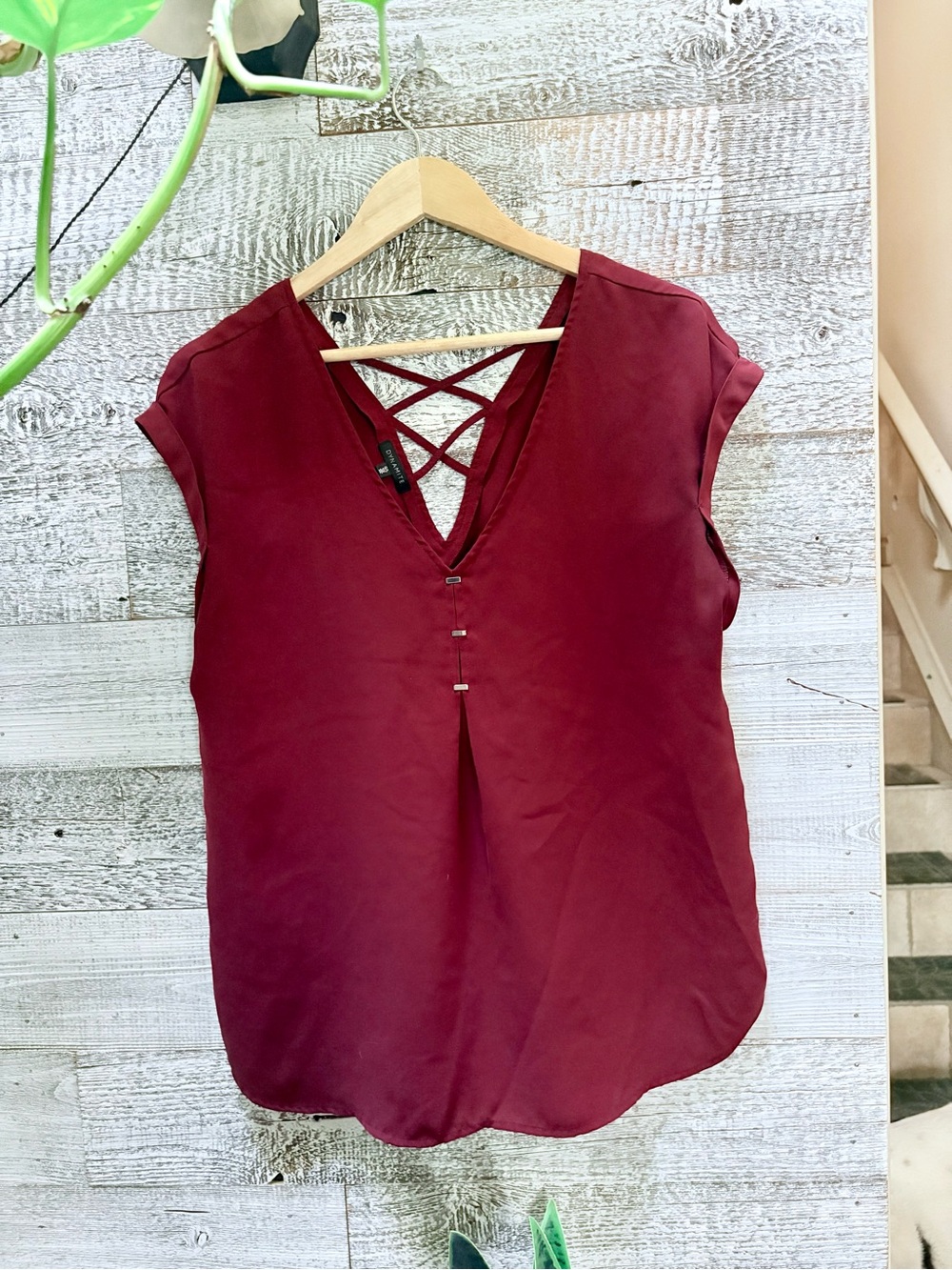 Dynamite | Crisscross Double-V-Neck Draped Blouse - Women's L, Burgundy